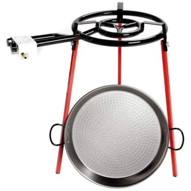 Set paellero and paella, includes burner 40cm and 2 fires. Paella pan 46cm with legs, for 12 rations. Suitable for butane and propane, Q400. Perfect for garden, summer and family celebrations. Available pack rubber tube, clam