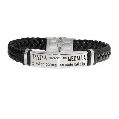 "Daddy you deserve a medal for being with me in every battle" bracelet made of stainless steel and braided leather-original Father's Day gifts-Jade jewelry