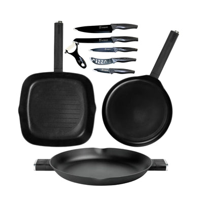 Guzzini Cooking Set: grill grill 28x28 cm, Crepera 26 cm and paella pan 36 cm-Quantum Coating with titanium, suitable for all types of kitchens including induction. Includes 6-piece set of knives