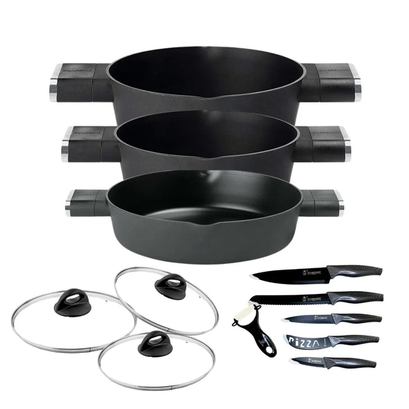 Guzzini Cooking saucepan Set: High 24cm, high 20cm Saucepan and low 24cm with glass lid-titanium Quantum Coating, induction fit. Includes 6-piece set of knives