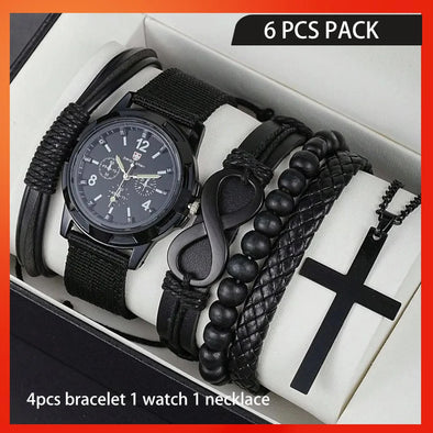 6pcs per Set Fashionable Pu Leather '8' Shape Beaded Bracelet Quartz Watch Cross Pendant Necklace For Men Black Fashion Jewelry